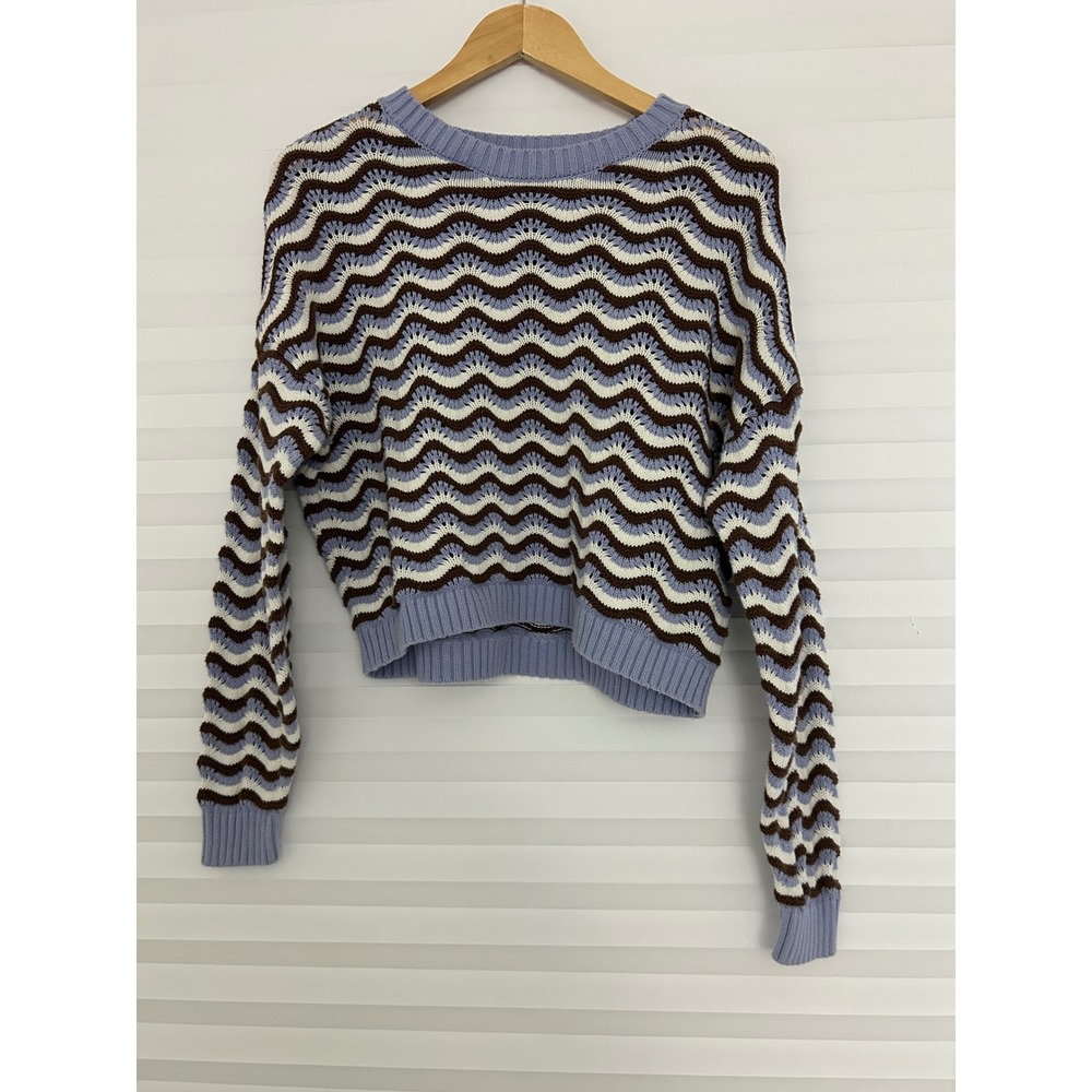 Hollister Womens Blue Brown Chevron Open Knit‎ Cropped Sweater Sz L Large Cotton